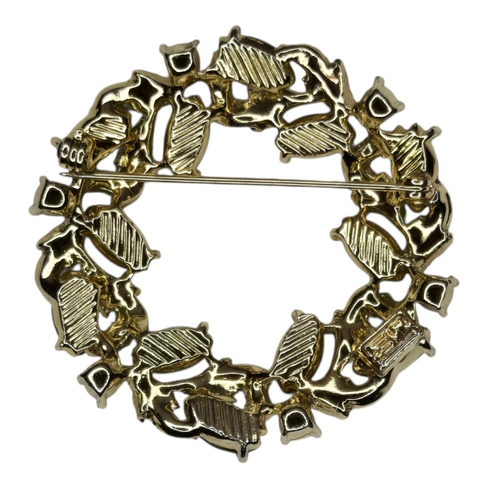 EMJ Wreath Brooch Green‎ Vintage Moonglow Rhinestone Gold Tone - Picture 3 of 9